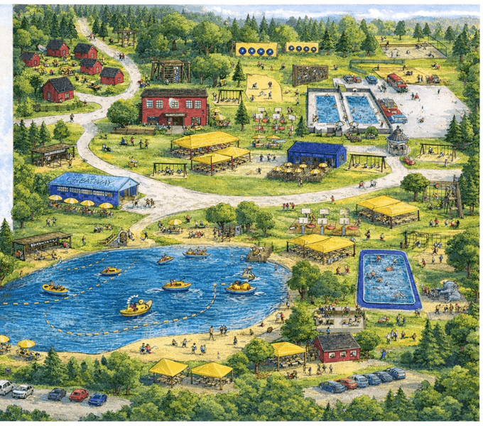 Illustrated aerial map of Great Times Day Camp β 55 acres